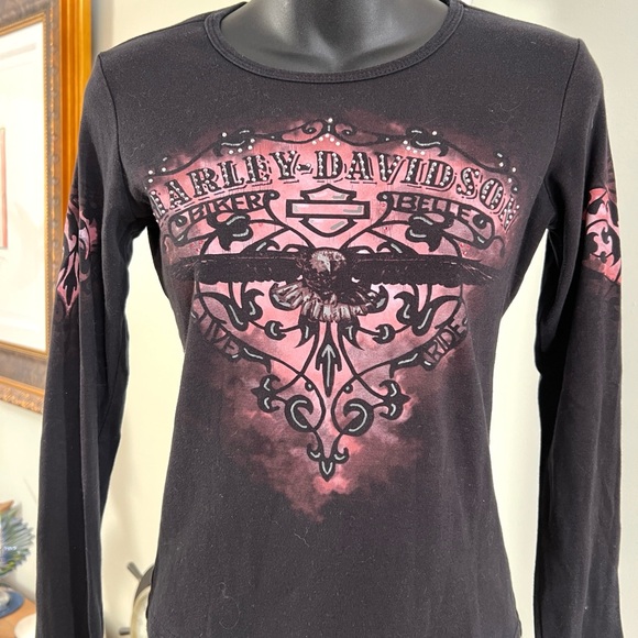 Vintage 90s Y2K Harley Davidson Motorcycles Biker Long Sleeve Black T Shirt Sm - Picture 3 of 11